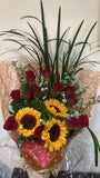 1 dozen red roses with 3 pcs. Sunflower bouquet