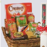 Basket of cheers with box of three red roses