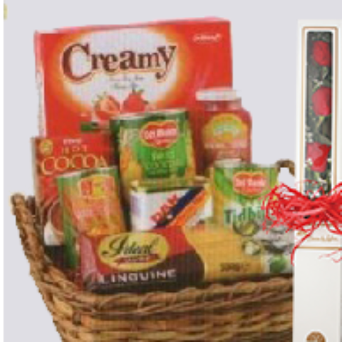 Basket of cheers with box of three red roses