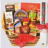 Fiesta Basket with a box of three red roses