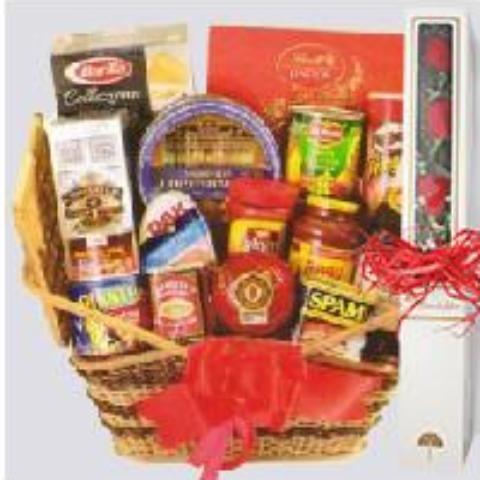 Fiesta Basket with a box of three red roses