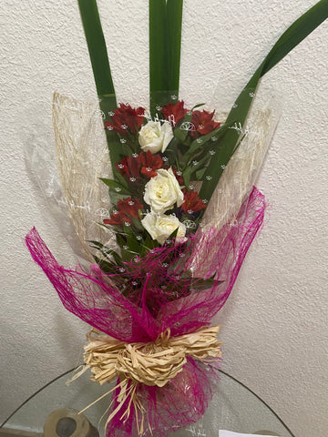 3pcs. White roses with red alstroemerias