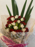 Dozen of white roses with red alstroemerias