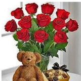 Vase of twelve red world's best Ecuador roses with chocolate and bear